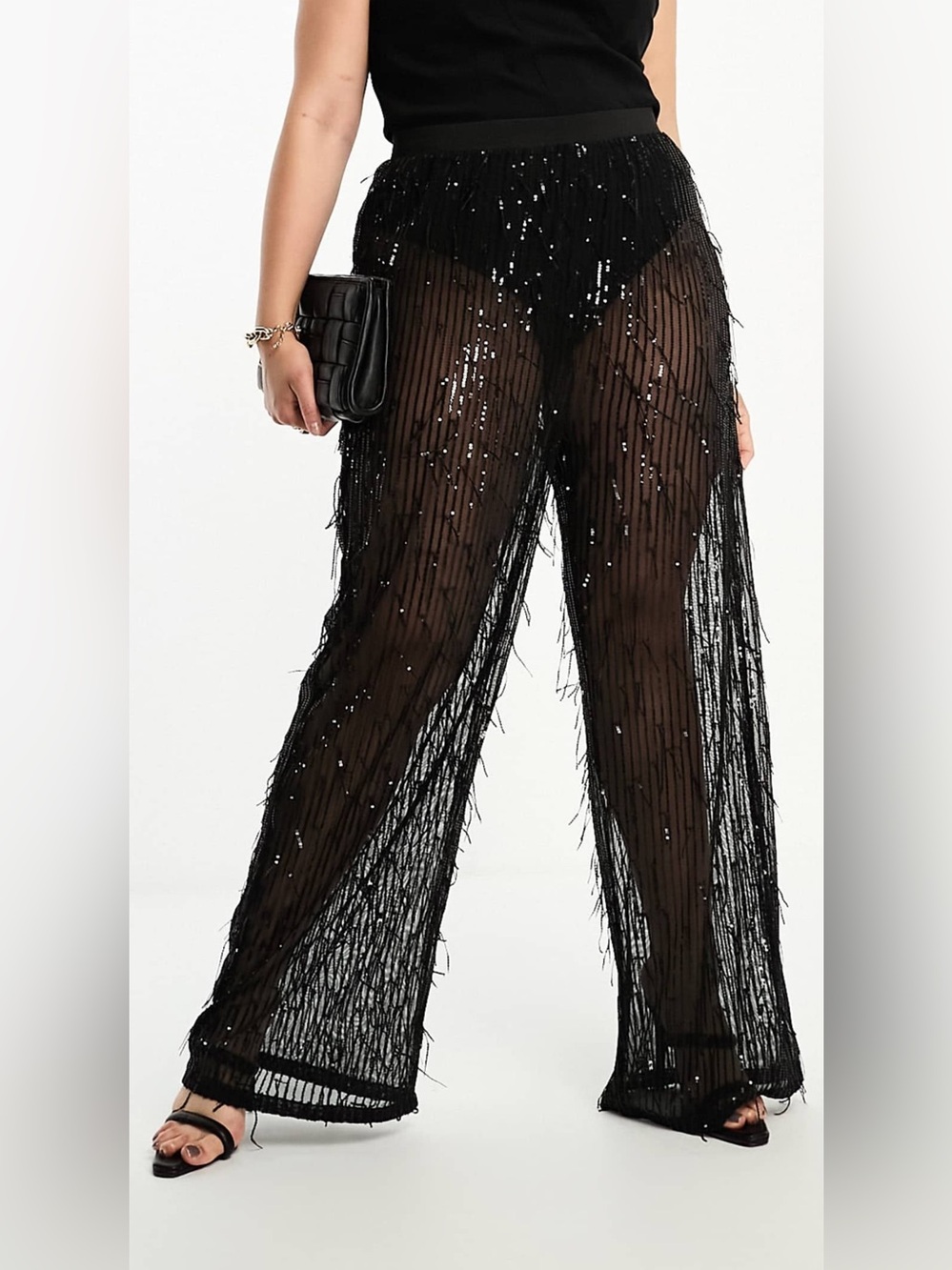 Jaded Rose Black Mesh Tassel Fringe Sequin Pants - Party & Festival - XL